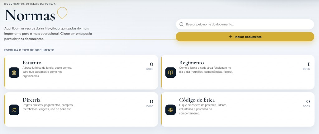 Painel real do módulo de Normas do SELAÁ, com Estatuto, Regimento, Diretriz e Código de Ética